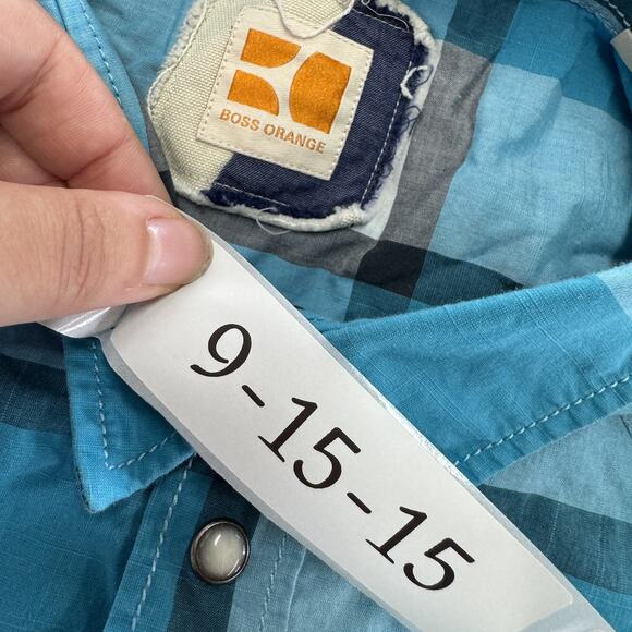 Hugo Boss Orange Shirt Mens XL Blue Plaid Western Snap Button‎ Long Sleeve Top - Picture 3 of 9